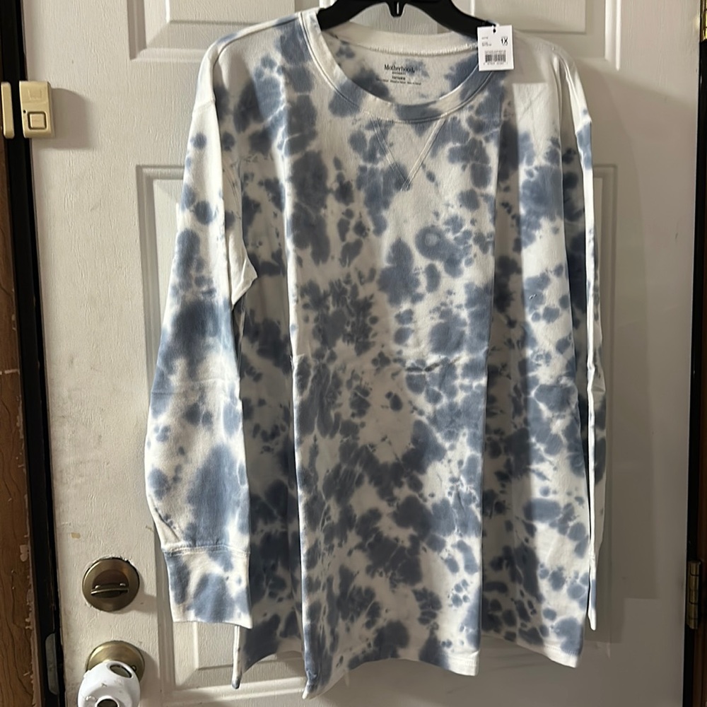 MOTHERHOOD MATERNITY TIE DYE LONGE SLEEVE: WHITE/BLUE: NEW WITH TAGS: 1X